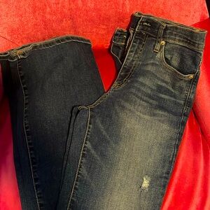 GAP resolution skinny flare denim jeans, worn-in style, size 28r